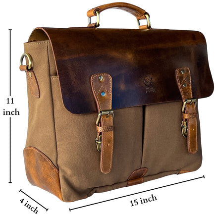 Genuine Leather Canvas Briefcase Messenger Bag Size 15x11x4