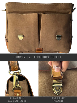 Genuine Leather Canvas Briefcase Messenger Bag-detachable shoulder strap push clip closure