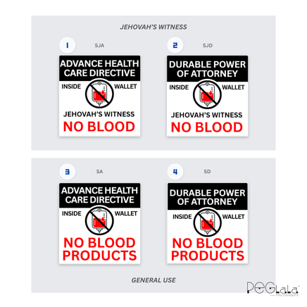 Emergency "No Blood" Medical Alert Square Stickers (1.5" x 1.5") in 4 Design Options - Specifically designed for Witnesses who carry their DPA/durable medical document in their wallet or purse. Also designed for anyone with personal, medical, or religious objections to blood/blood product transfusions. 