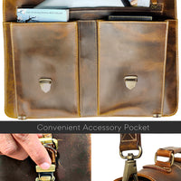 Genuine Buffalo Leather Convertible Satchel Briefcase (16 Inch) with pockets push clip closure detachable shoulder strap