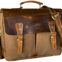 Genuine Leather Canvas Briefcase Messenger Bag