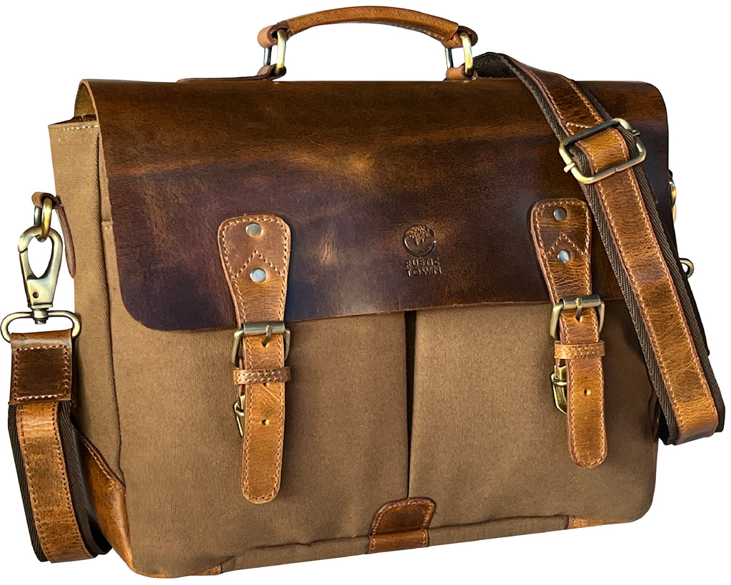 Genuine Leather Canvas Briefcase Messenger Bag