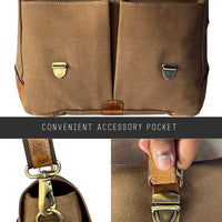 Genuine Leather Canvas Briefcase Messenger Bag-detachable shoulder strap push clip closure