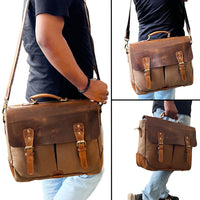 Genuine Leather Canvas Briefcase Messenger Bag