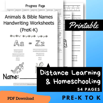 (Digital) Animals and Bible Names Handwriting Worksheets (PreK-K)
