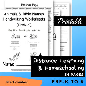 (Digital) Animals and Bible Names Handwriting Worksheets (PreK-K)