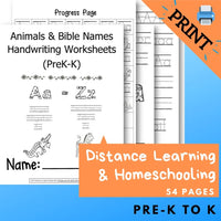 (Print) Animals & Bible Names Handwriting Worksheets (PreK-K)
